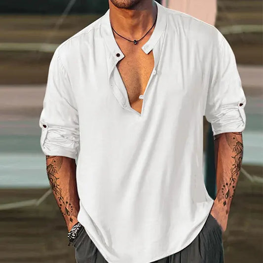 Men's Linen Shirt Stand-up Collar Casual Outdoor Shirt Long Sleeve