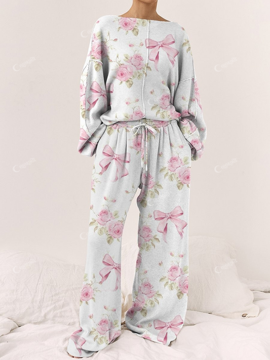 Women's Bow Flower Long Sleeve Pants Suit