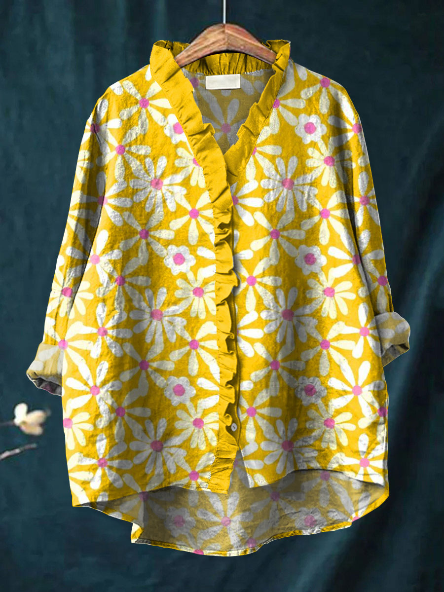 Women's Vintage Floral Art Print Casual Cotton And Linen Ruffle Shirt