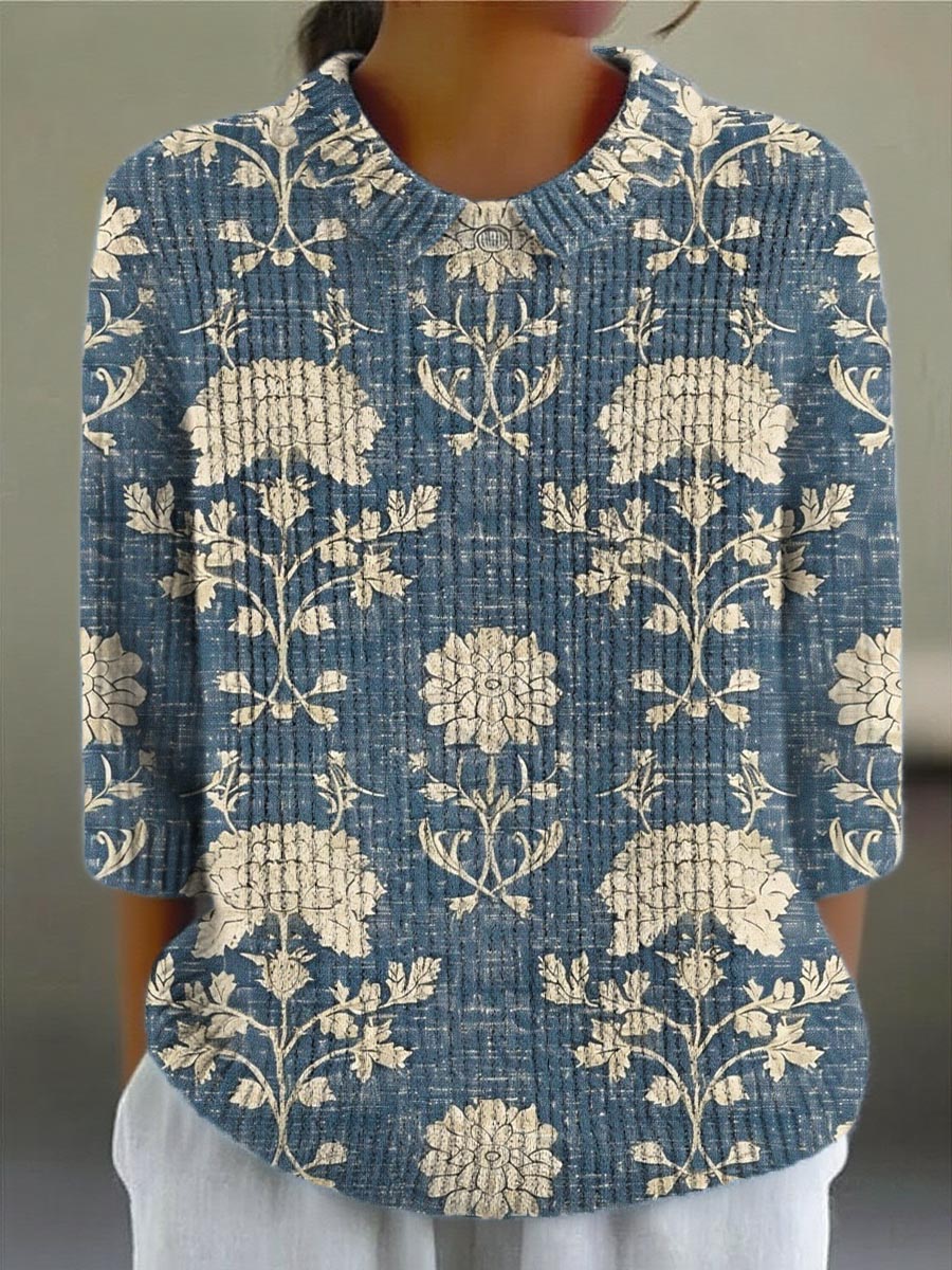Women's Vintage Floral Art Print Casual Pullover Sweater
