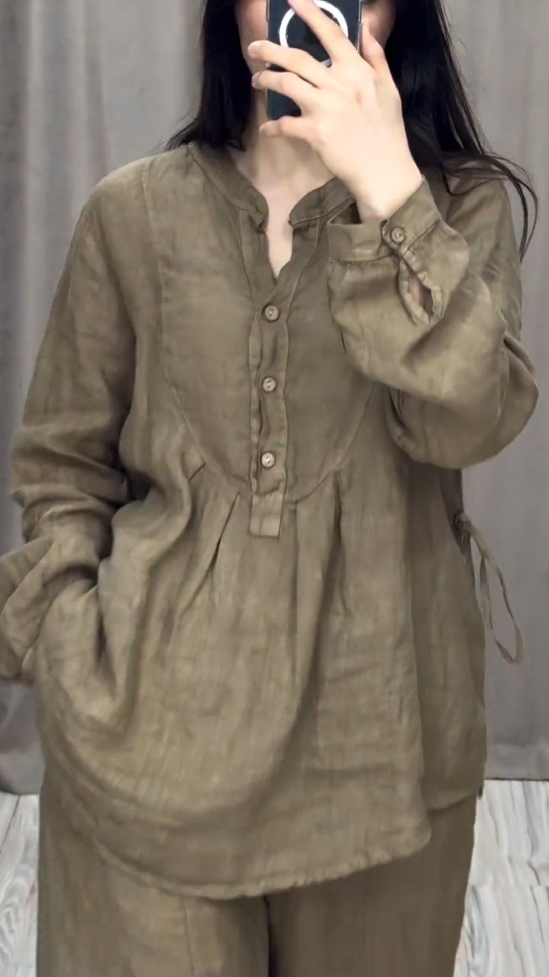 Women Cotton and Linen V-neck Two-piece Suit