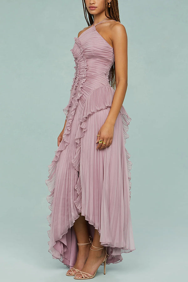 Dream Ode Lily Pad Style Pleats and Ruffles Halter Gown Maxi Dress