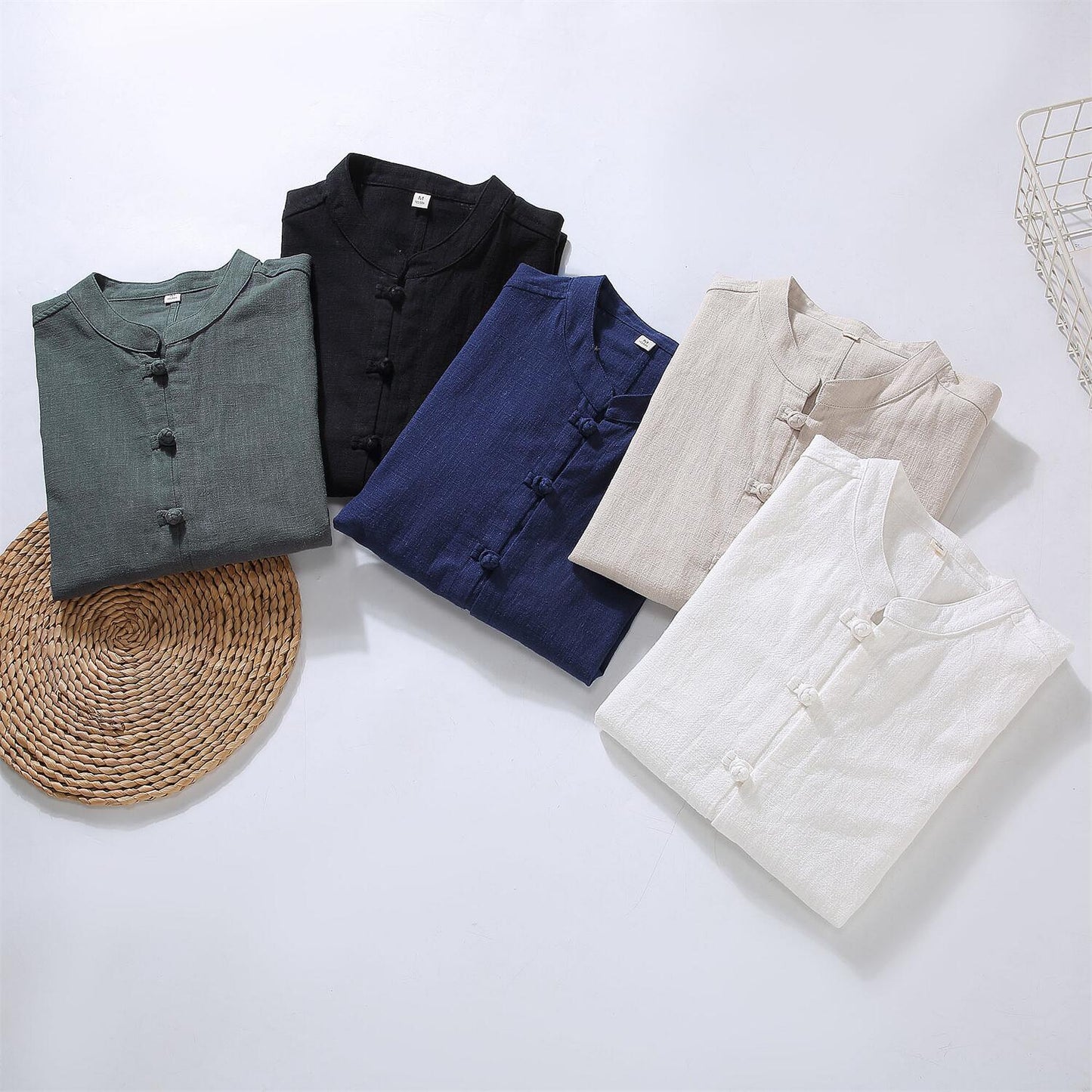 Men's Vintage Loose Fit Linen Shirt - Stand Collar