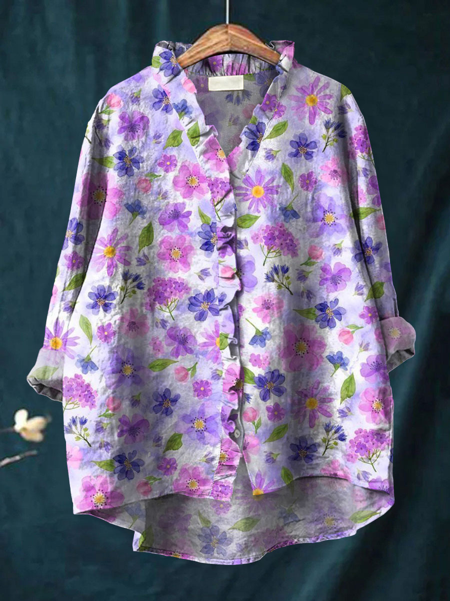 Women's Vintage Floral Art Print Casual Cotton And Linen Ruffle Shirt