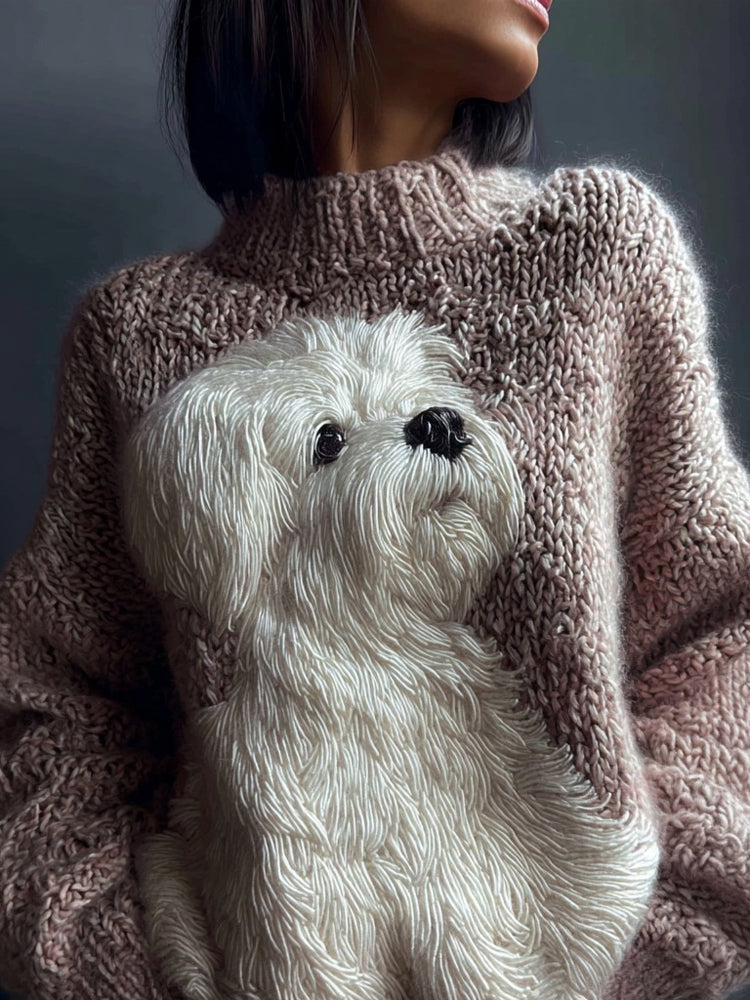 Cute White Dog Embroidered Crew Neck Cozy Sweater