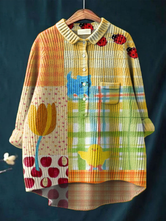 Women's Vintage Patchwork Pattern Art Print Casual Pullover Knit Sweater