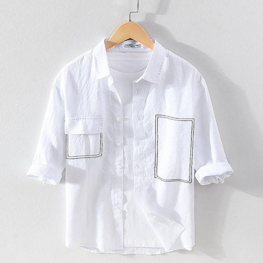 Loose Fit Linen Shirt - 3/4 Sleeve, Embroidered