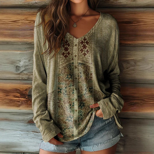 Women's Retro Ethnic Pattern Artistic Print Casual V-Neck Long-Sleeved T-Shirt
