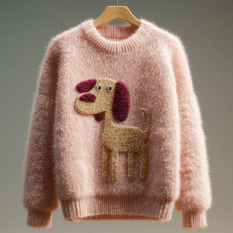 Women's Vintage Mohair Dog Embroidered Sweater