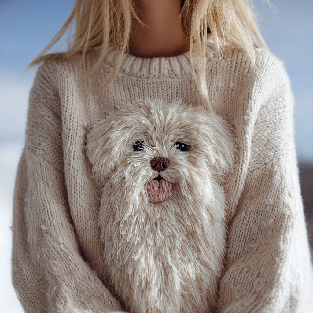 Cute Fuzzy Dog Embroidered Crew Neck Cozy Sweater