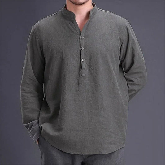 Men's Long Sleeve Henley Casual Shirt Vintage Retro Clothing Linen