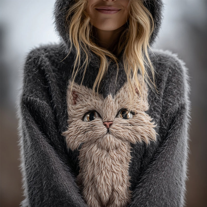 Cute Fuzzy Cat Embroidered Cozy Hooded Sweater