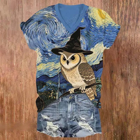 Halloween Owl Art Print V-neck T-Shirt