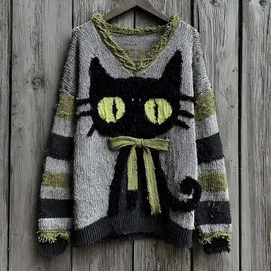 Women's Halloween Cute Cat Art Print Sweater
