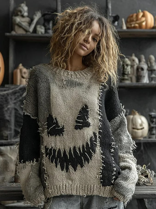 Women's Halloween Spooky Face Contrast Stitched Cozy Knit Sweater