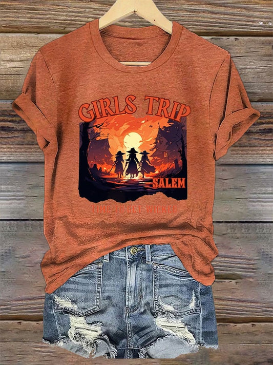 Women's Girl's Trip Salem Time To Get Wicked Halloween Printed T-Shirt