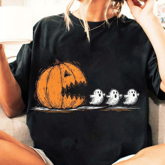Halloween Pumpkin Chasing Ghost Funny Print Cotton Casual T-shirt