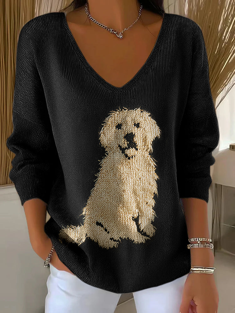 Classic Fuzzy Golden Retriever Dog Felt Art Inspired Embroidered V Neck Cozy Knit Sweater