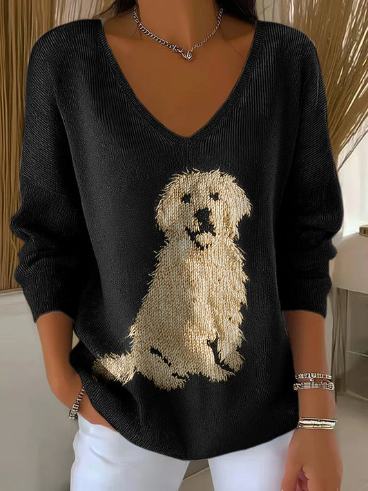 Classic Fuzzy Golden Retriever Dog Felt Art Inspired Embroidered V Neck Cozy Knit Sweater
