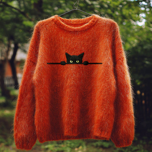 Retro Casual Halloween Funny Black Cat Embroidered Sweater