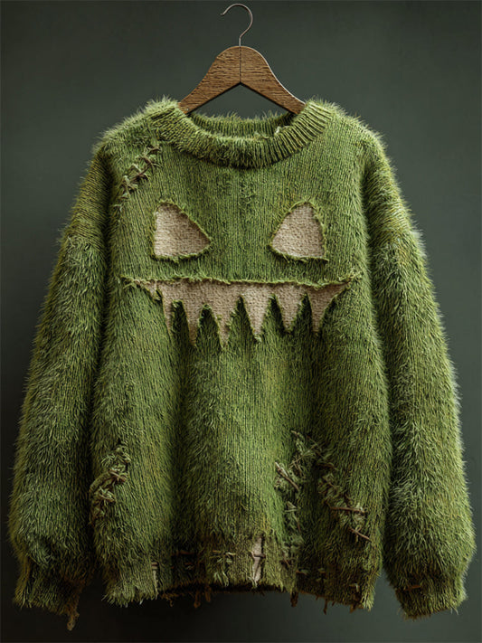 Halloween Spooky Face Stitched Fuzzy Knit Sweater