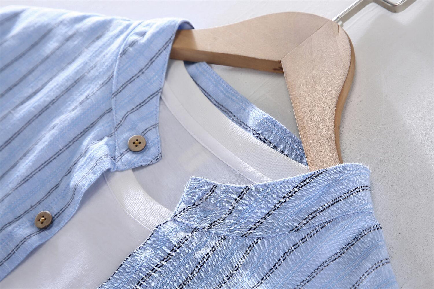 Men's Striped Stand Collar Cotton Linen Shirt