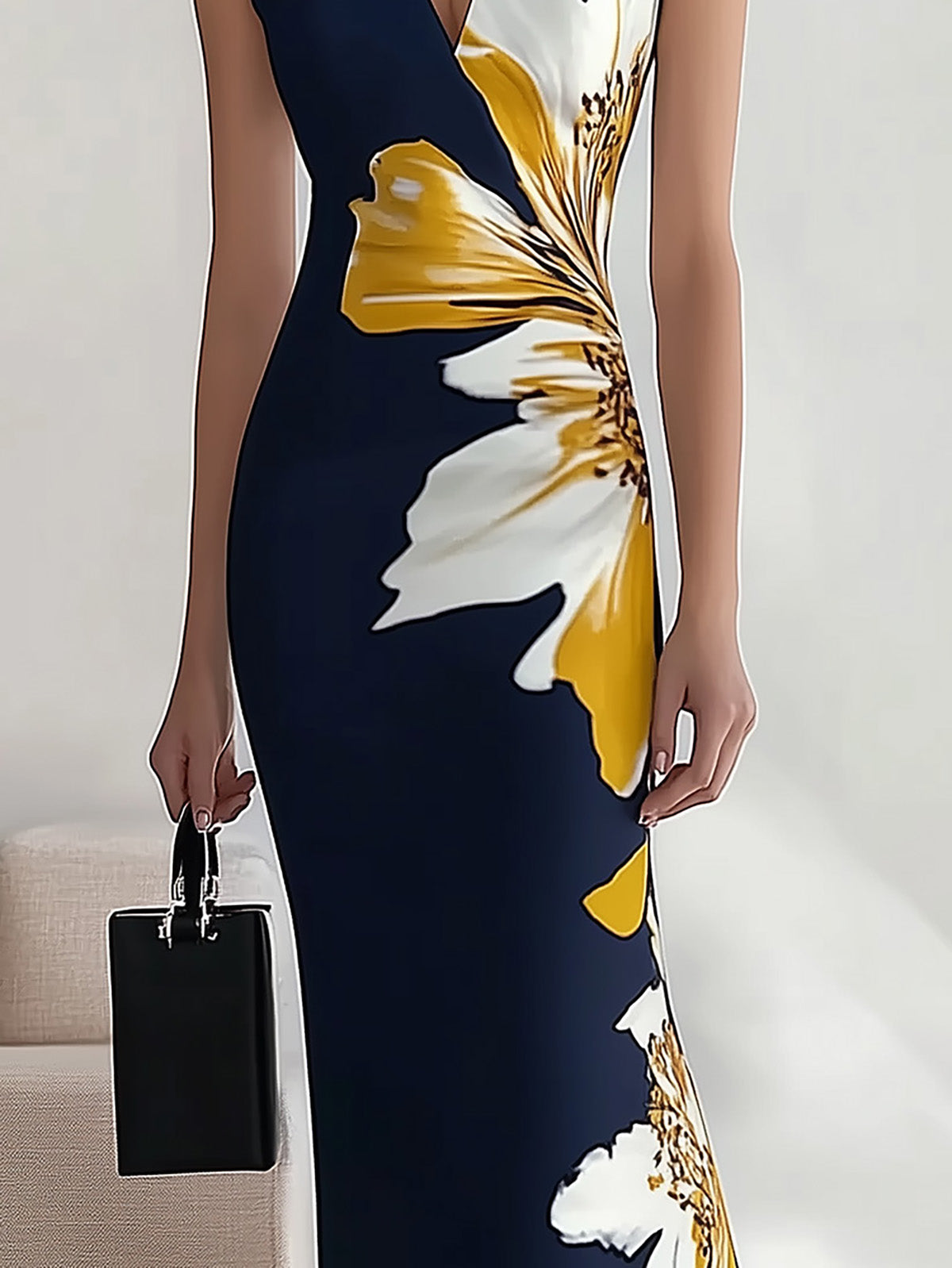 Navy Blue V-Neck Sleeveless Dress with Floral Print
