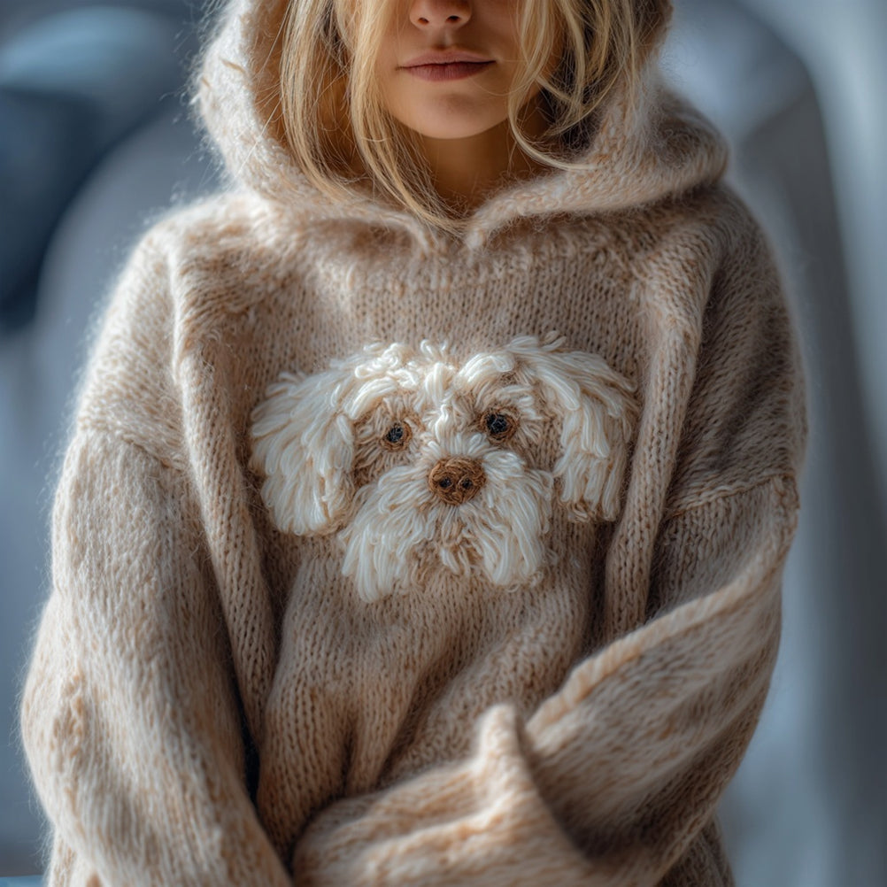 Cute Fuzzy Dog Embroidered Comfy Hooded Sweater