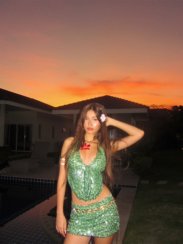 Halter neck backless sequin set