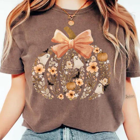 Floral Pumpkin Bow Washed Cotton Crew Neck T-Shirt