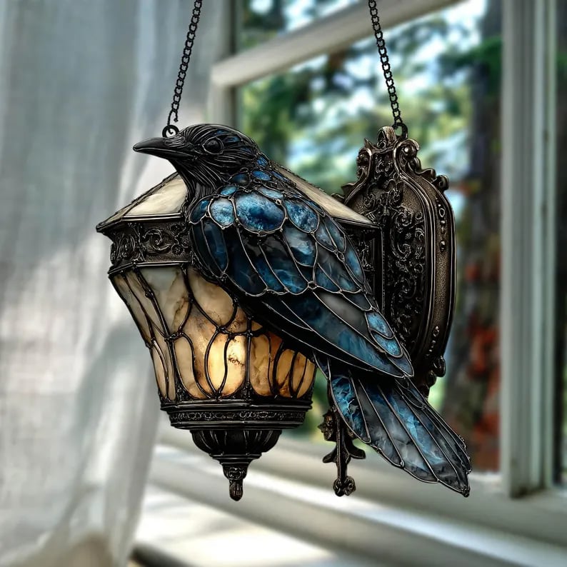 🐦⬛Dark Elegance: Hand-Painted Gothic Crow Lamp Ornament