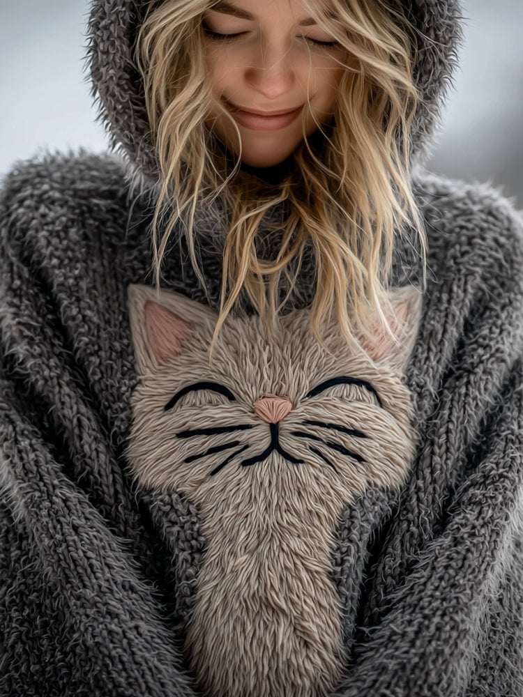 Smiling Fuzzy Cat Embroidered Cozy Hooded Sweater
