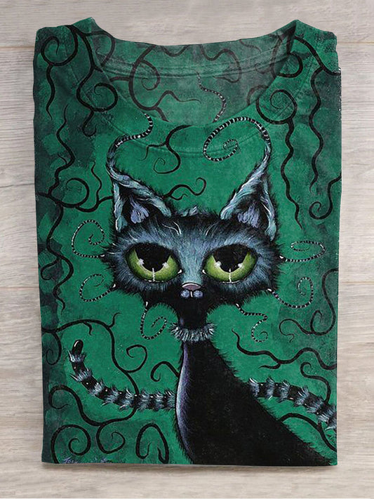 Halloween Black Cat Printed Crew Neck Women's T-shirt