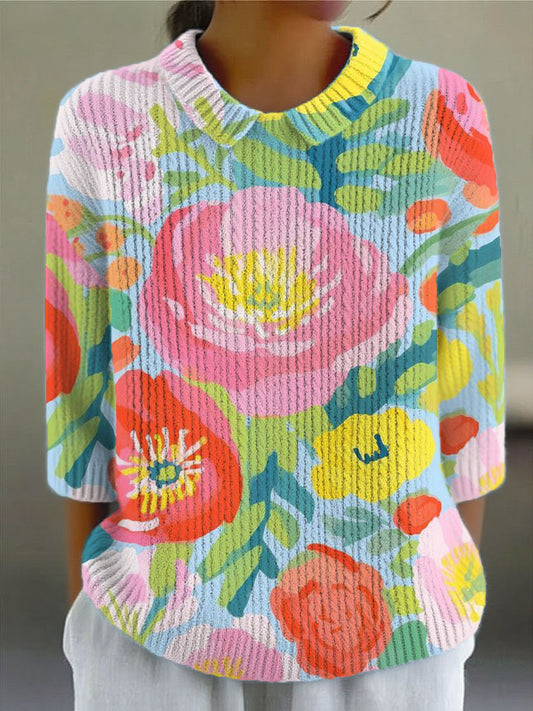 Women's Vintage Flower Art Print Casual Pullover Sweater