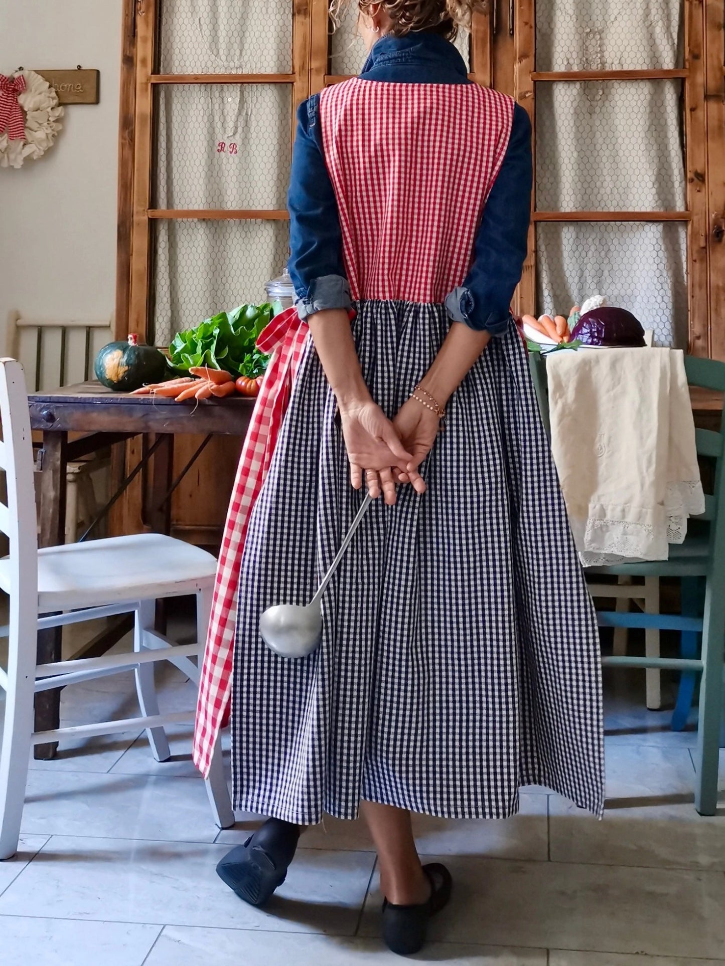 Red and Blue Checked Patchwork Apron