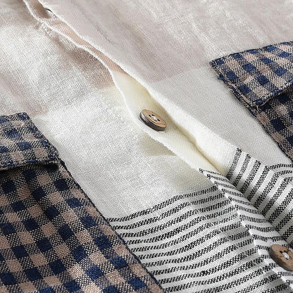 Men's Striped Linen Shirt - Stand Collar, Half Sleeve