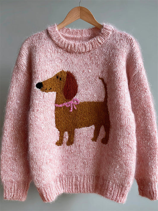 Vintage Lovely Dachshund With Pink Tie Cozy Knit Sweater
