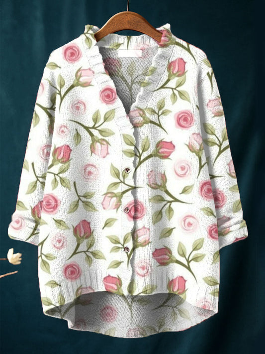 Women's Vintage Flower Art Print Casual Pullover Sweater