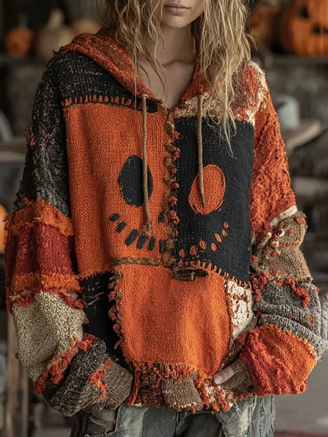 Women'S Halloween Spooky Face Patchwork Print Hoodie