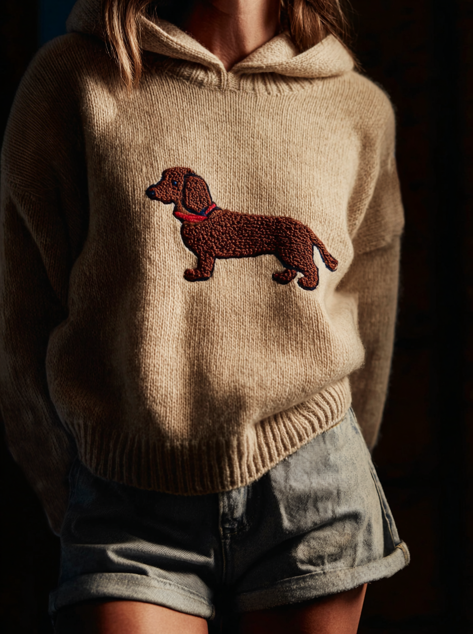 Classic Fuzzy Dachshund Dog Felt Cozy Knit Hooded Sweater