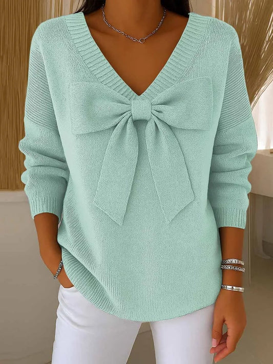Women's Solid Color Bowknot V-Neck Long Sleeve Casual Sweater