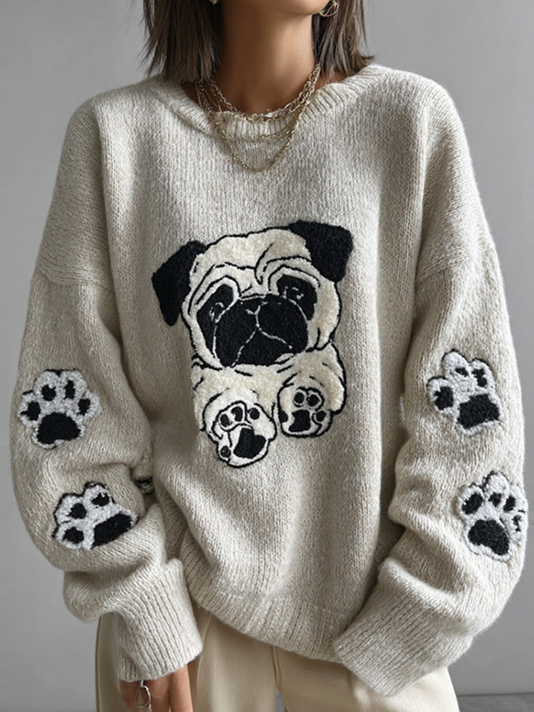 Lovely Cute Pug And Paws Embroidery Art Loose Cozy Knit Sweater