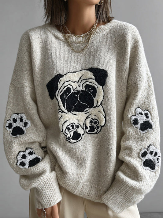 Lovely Cute Pug And Paws Embroidery Art Loose Cozy Knit Sweater