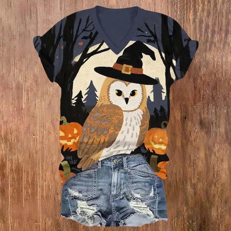 Halloween Owl Art Print V-neck T-Shirt