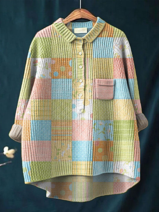 Women's Vintage Patchwork Pattern Art Print Casual Pullover Knit Sweater