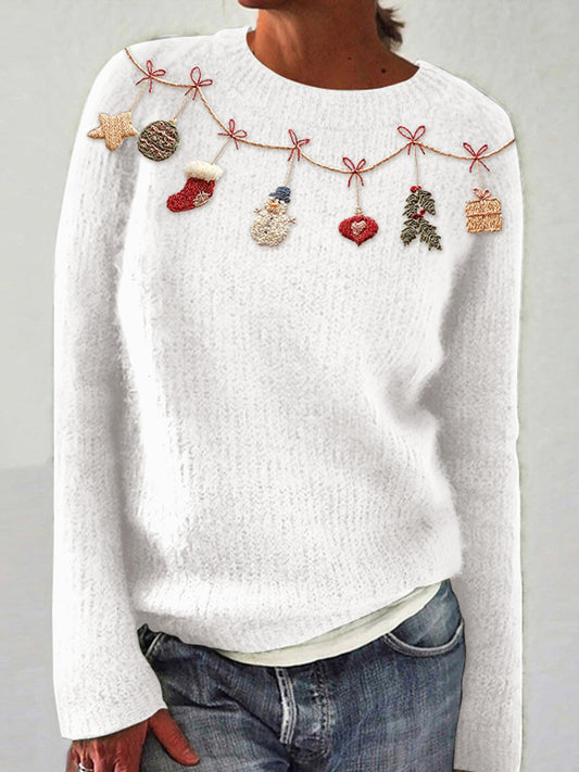 Women's Christmas Embroidery Art Crew Neck Cozy Sweater