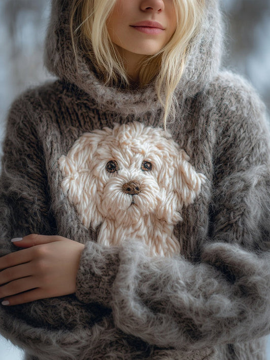 Cute Fuzzy Dog Embroidered Soft Hooded Sweater