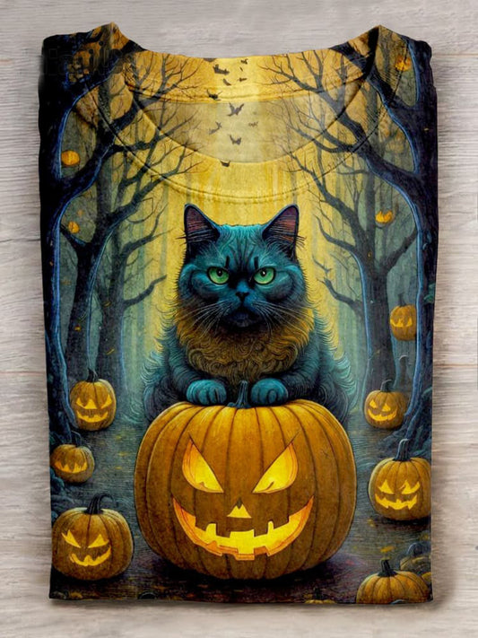 Halloween Cat Printed Crew Neck Women's T-shirt