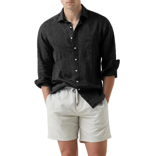 Men's Cotton Linen Casual Regular Fit Long Sleeve Shirt With Pockets