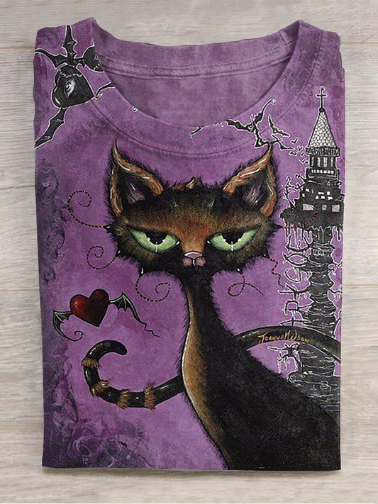Halloween Whimsical Cat Printed Crew Neck Women's T-shirt